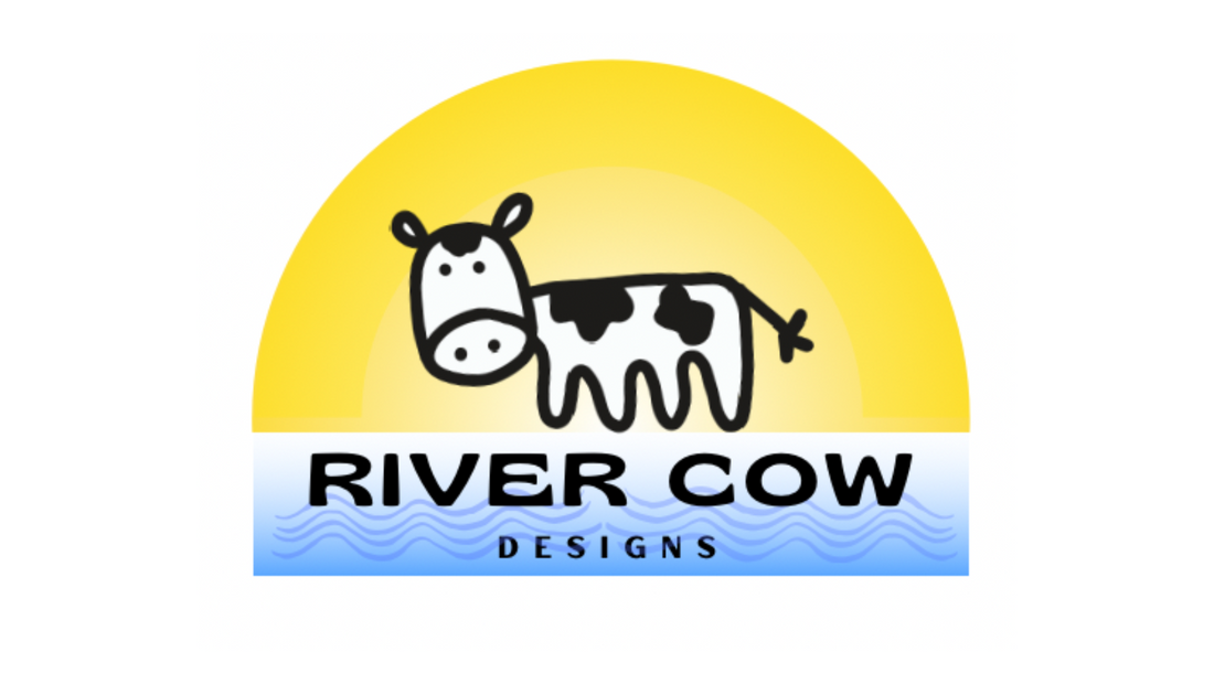 River Cow Designs logo, a cartoon cow standing in a river